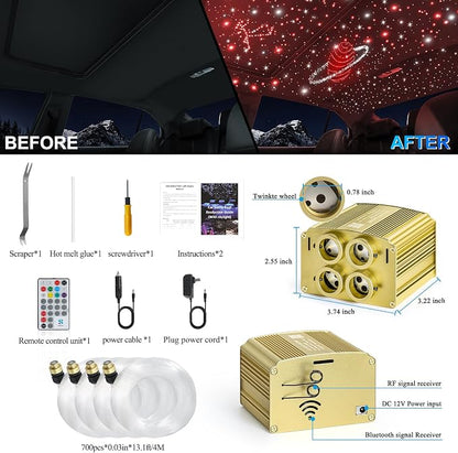 4 Colors 32W Twinkle Car Starlight Headliner Kit 700pcs*0.03in*13.1ft with APP&RF Remote, RGBW Fiber Optic Ceiling Star Lights, 4 Port Engine Sound Activated Star Roof Lights for Car Home Theater