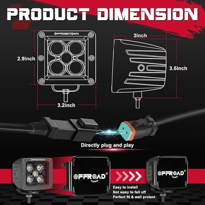 OFFROADTOWN LED Cubes 3" 100W CREE LED Pods with Wiring Harness and Black Cover Spot Off Road Driving Lights Ditch Light Fog Light for Trucks Pickup Motorcycle UTV ATV SUV Boat