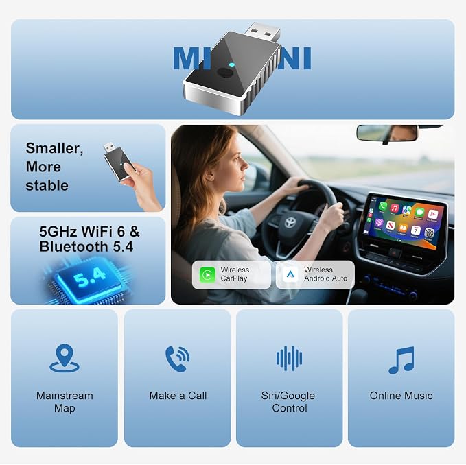 Wireless CarPlay Adapter for iPhone - Carplay&Android Auto Wireless Adapter Convert Wired to Wire-Less Carplay Dongle Fast Setup No Latency for Cars with Built-in Car-Play