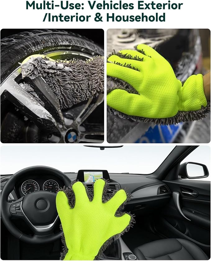 Car Wash Mitt, 2-Pack Microfiber Scratch Free Auto Detailing Supplies for Cleaning, Washing Dusting,Thickened 5-Finger Clean Gloves Design for Interior Exterior Cleaning Tight Spaces and Wheel