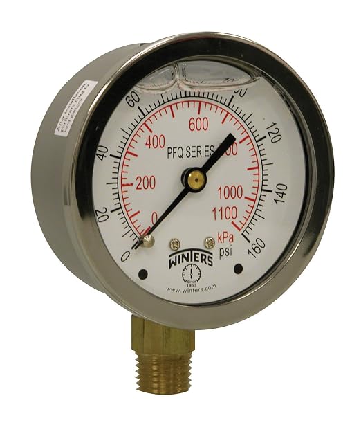 Winters 2-1/2" Dial Size, Liquid Filled Industrial Pressure Gauge, Brass Internals, 304 Stainless Steel Case, Dual Scale 0-160 psi/kPa, 1.5% Acc, 1/4" NPT Bottom Mount, Glycerin Filled Pressure Gauge