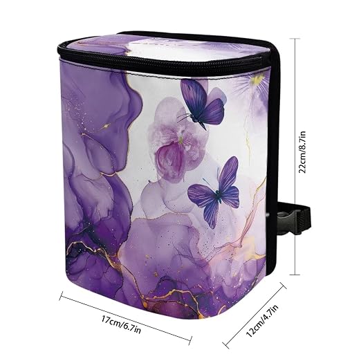 Talayituse Purple Marble Butterfly Print Car Trash Can with Lid, Leak Proof Auto Trash Bag Hanging Vehicle Garbage Can Multipurpose Storage Container for Back Seat Road Trip