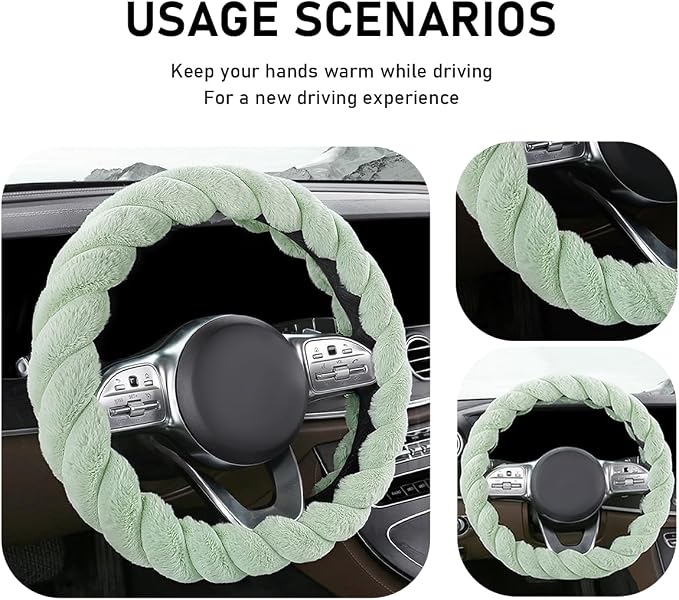 KVAEY Fluffy Car Steering Wheel Cover, 15 Inches Anti-Slip Round Fuzzy Winter Steering Wheel Protector, Soft Warm Plush Steering Wheel Cover for Women Girls, Car Accessories (Green, D-Shaped)