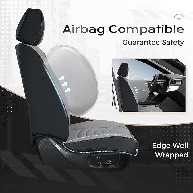 Coverado Front Seat Covers, Leather Car Seat Covers Luxury Automotive Seat Covers for Cars, Waterproof Car Seat Protectors Car Seat Cushion Universal Fit for Most Cars Trucks SUV Vehicles, Black&Gray