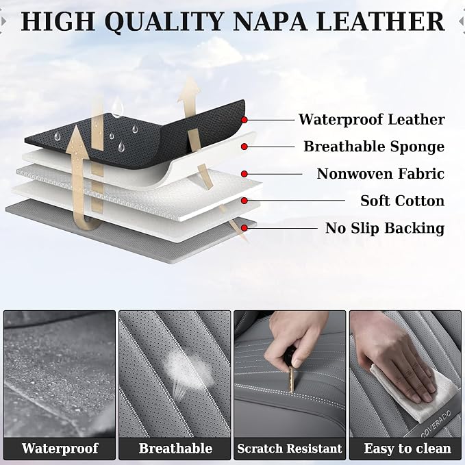 Coverado Car Seat Covers Full Set, Gray Car Seat Cover, Seat Covers for Cars, Waterproof Car Seat Protector, 5 Pieces Nappa Car Seat Cushion, Car Seat Covers Front Seats and Back Fit for Most Cars