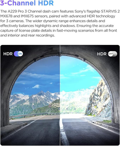 VIOFO A229 Pro 3 Channel 4K HDR Dash Cam, Dual STARVIS 2 Sensors IMX678 & IMX675, 4K+2K+1080P Front Inside and Rear Triple Car Camera, 5GHz WiFi GPS, Voice Control, 24H Parking Mode