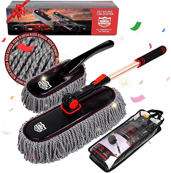 Car Duster Exterior with Extendable Handle, Scratch Free Auto Wash Brush Mop, Interior Detailing Kit for Truck RV Boat - Microfiber Duster & Interior Brush, Grey