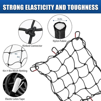 Heavy Duty Truck Bed Cargo Net (4'x6' to 8'x12') - 4"x4" Tight Mesh, 12 Metal Carabiners - Weather Resistant Latex Bungee Net for Pickup Trucks, Trailers, ATVs, Moving, Camping & Overlanding