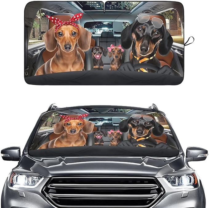 GENANY Cute Dachshund Dog Family Funny Windshield Sun Shade for Car SUV Truck (55x29 Inches), Automobile Sunshade, Protector Blocks UV, Car Accessories