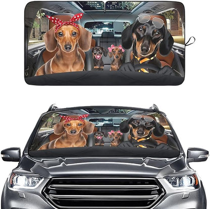 GENANY Cute Dachshund Dog Family Funny Windshield Sun Shade for Car SUV Truck (55x29 Inches), Automobile Sunshade, Protector Blocks UV, Car Accessories
