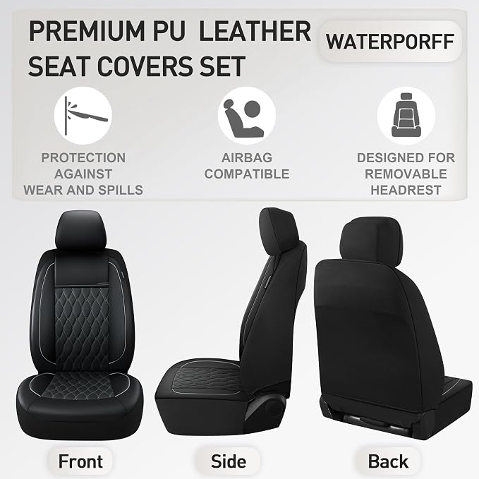 CAROMOP Faux Leather Car Seat Covers Full Set,Luxury and Comfortable Covers for Cars,Split Bench Compatible Car Interior Covers,Universal Fit for Suvs,Vans,Trucks,Airbag Compatible(5-Seat Black/Grey)