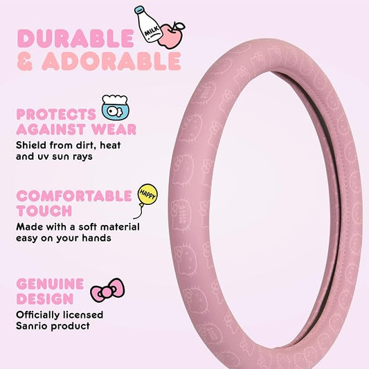 Sanrio Hello Kitty Pink Car Steering Wheel Cover, Universal Fit Cute Car Accessories for Women Stylish Decor Gifts Hello Kitty Accessories - Fits Standard Wheels 14.5"-15"