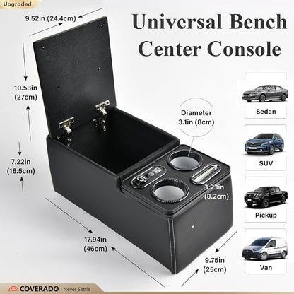 Coverado Car Center Console, Universal Rear Bench Seat Console, Back Seat Car Organizer, Automotive Center Console with Cup Holder & Phone Holder, Central Armrest Box (Update, Black)
