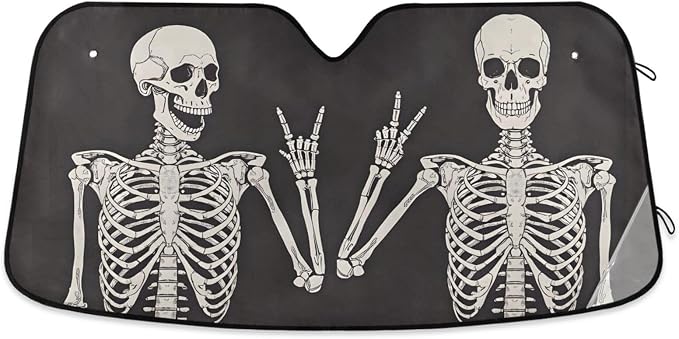 Funny Skull Car Windshield Sunshade - Skeleton Car Shade Skull Sun Shade Black Blocks UV Rays Visor Protector Accordion Folding Sun Reflector Auto Sunshade for Truck SUV to Keep Your Vehicle Cool