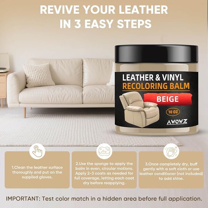Leather Recoloring Balm for Faded Leather - Leather Repair Balm & Color Restorer for Couch, Car Seats, Furniture & Vinyl, 10OZ (Beige)