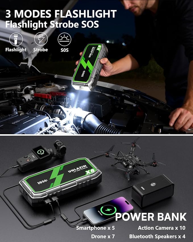 X8 Jump Starter 10000A Battery Jumper Starter Portable with Force Start, 12V Car Starter Jump Box & Battery Booster for All Gas & Diesel Engines, QC 3.0 Quick Charge, LED Light, Passenger Car