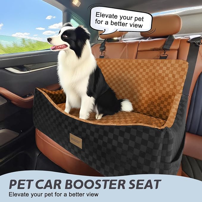 JOEJOY Dog Car Seat for Medium/Large Dogs - Reversible Dual-Sided Travel Dog Car Bed with Memory Foam, Washable Pet Booster Seat for Dogs up to 55 lbs or 2 Small Dogs, 2 Safety Leashes, Brown