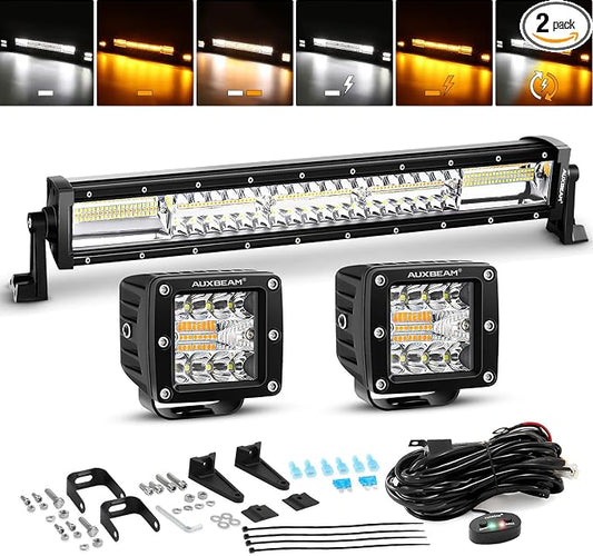 Auxbeam 22 Inch 120W LED Light Bar 2PCS 3 Inch 96W LED Pods, Amber White Fog Light 6 Modes Strobe Lights for Work Truck, Spot Flood Combo Off Road Driving Lights for Jeep ATV Utv Auto