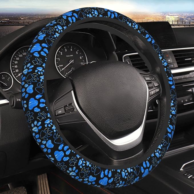 Dog Paw Print Steering Wheel Cover Anti-Slip,Sweat Absorption Universal 15 inch Steering Wheel Covers Cute car Accessories for Men Women
