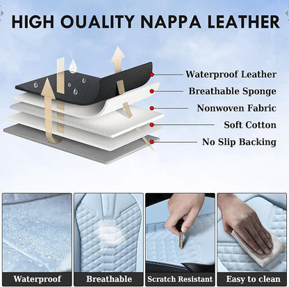 Coverado Leather Seat Covers, Car Seat Covers Full Set, Waterproof Nappa Leather Car Seat Cover, Car Seat Protectors 5 Seats, Black & Blue Automotive Seat Covers Fit for Most Cars Trucks