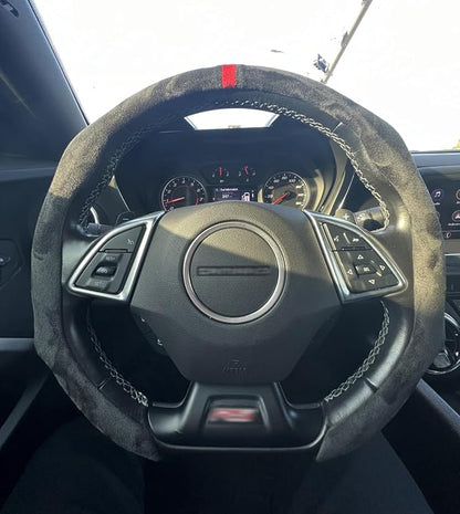Quick Install Sporty Suede Leather Steering Wheel Cover with Red Top Trim Universal fit Any 14½" to 15" Car SUV Pickup Steering Wheel