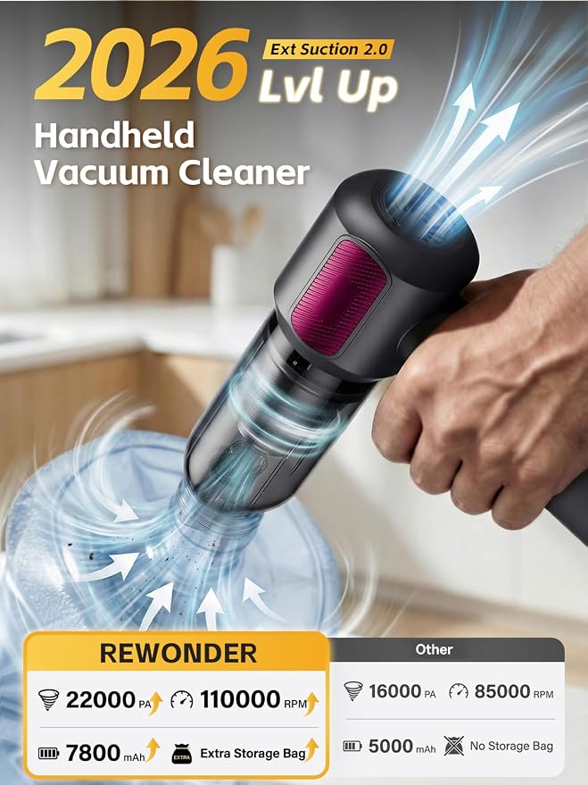 REWONDER Car Vacuum Cleaner High Power, 22000Pa Vacuum Cleaner & 110000RPM Air Duster, Handheld Vacuum with 7800mAh Battery, Storage Bag & Multi-Nozzles for Car, Home, Office