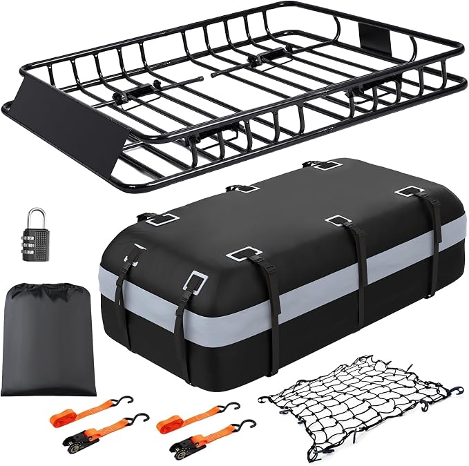 Heavy Duty Universal Rooftop Cargo Carrier Roof Rack, 64"x36"x5" Roof Rack Basket with 20 Cu.Ft Waterproof Bag, for SUV, Truck and Van, 250lbs Capacity, Corrosion Resistant (ROOF 64" and Bag)
