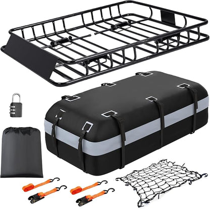 Heavy Duty Universal Rooftop Cargo Carrier Roof Rack, 64"x36"x5" Roof Rack Basket with 20 Cu.Ft Waterproof Bag, for SUV, Truck and Van, 250lbs Capacity, Corrosion Resistant (ROOF 64" and Bag)