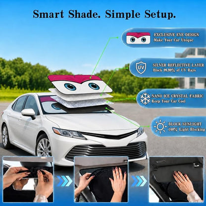 Car Windshield Sun Shade, Pink Cute Eyes Car Sunshade, Windshield Cover Universal Fits Mid-Large Sedan SUV Crossover Family Vehicle, UV Heat Protection - 63 x 31.5