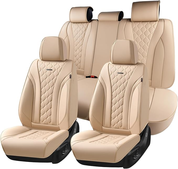 Coverado Car Seat Covers, Leather Seat Covers Full Set, Beige Seat Covers, Perforated Diamond Leather Car Seat Cover, Breathable Car Seat Cushion, Waterproof Car Seat Protector Fit for Most Cars