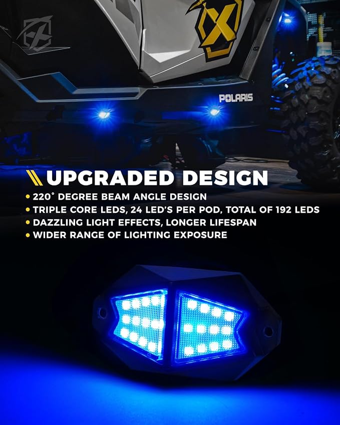 Xprite 8 Pods RGB LED Rock Lights, Aluminum 220° Wide Angle with APP/RF Remote Control Chasing Effect, Music Sync & Turn Brake Signals Compatible with Trucks, Jeeps, UTV, ATV