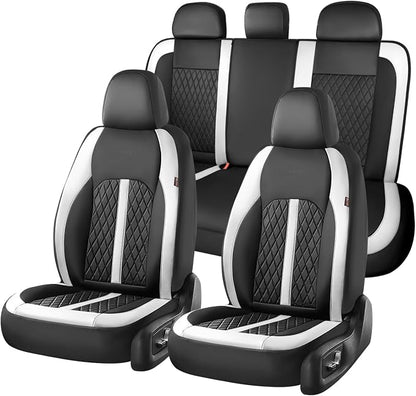 Coverado Universal Leather Seat Covers Full Set for 5 Seats – Waterproof, Durable All-Weather Protector for SUV, Pickup Truck, Sedan, White&Black