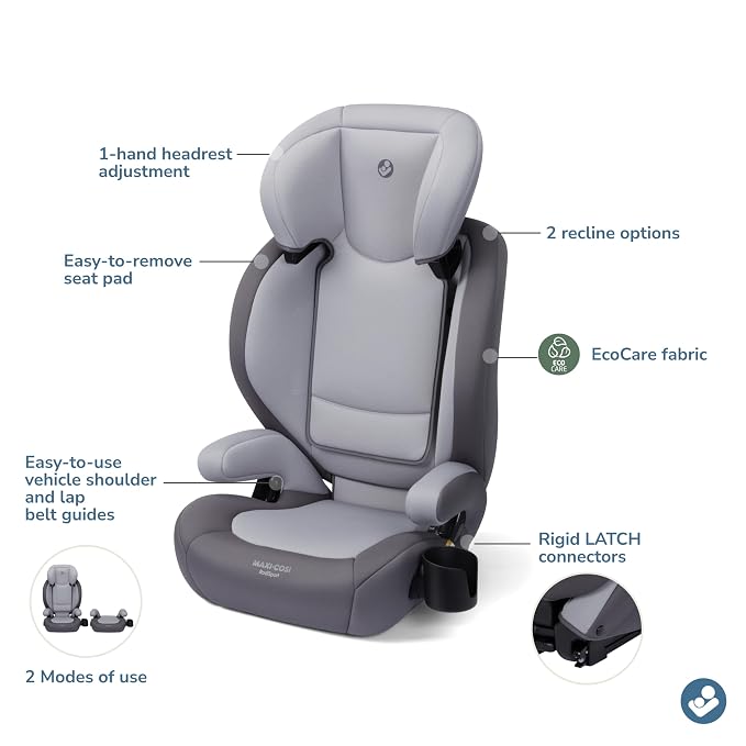 Maxi-Cosi RodiSport Kids Booster Car Seat, High-Back, Backless Booster Seat, 7-Position Headrest, Easy Latch System, Reclining Chair, Belt Guide, Fits 40-100 lbs, 43.4-57 in, Sea Salt