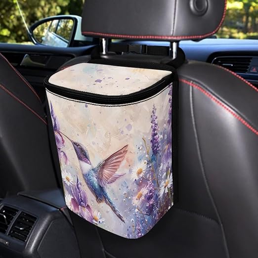 Talayituse Hummingbird Daisy Lavender Print Car Trash Bin, Large Size Auto Trash Can Adjustable Portable Garbage Can with Lid, Vehicle Hanging Bag for Headrest Front Back Seat