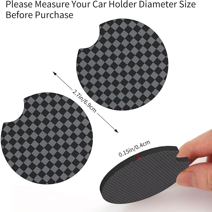 Checkered Gray Steering Wheel Cover Universal 15 Inch + 2 Car Coasters | Elastic Anti-Slip Breathable Fit for Car Truck SUV for Women Men
