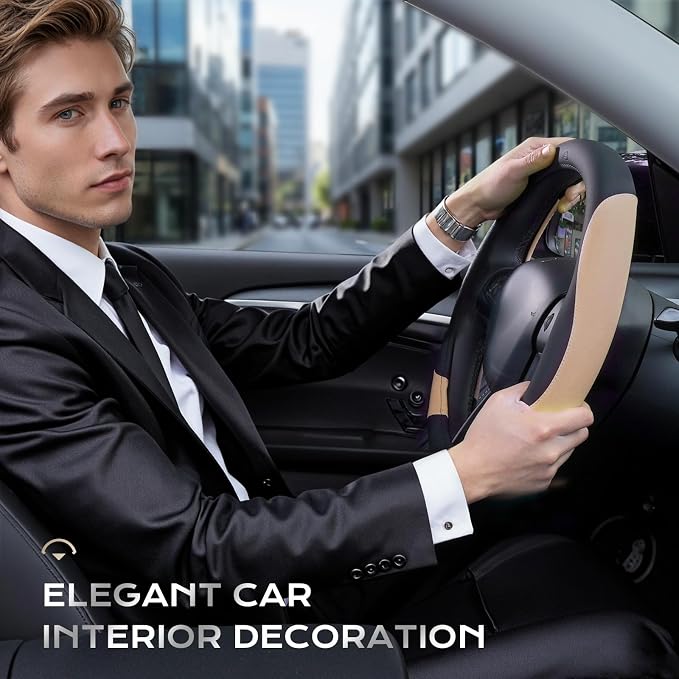 Coverado Nappa Leather Steering Wheel Cover Universal 14-15 Inch Anti-Slip Breathable Steering Wheel Protector Luxury Auto Decor for Men Women Black Brown