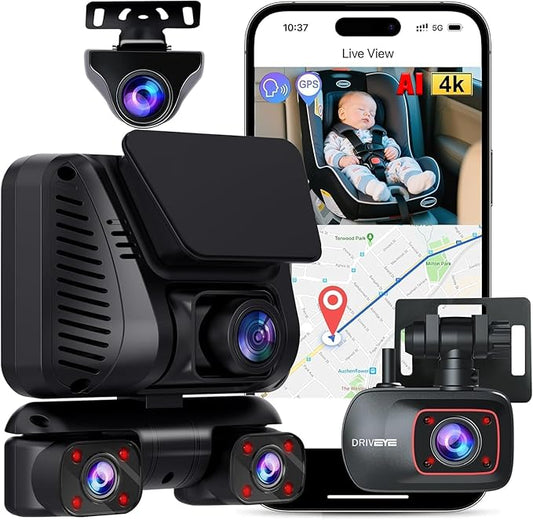 4K Dash Cam 360° View, 5 Channel Front and Rear Dash Camera for Cars, Built-in 5GHz Wi-Fi GPS, Voice Control, Free 128G Card,Night Vision,24H Parking Mode,G-Sensor