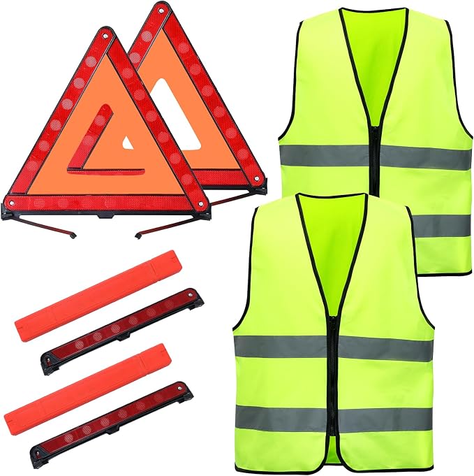MYFULLY 2 Pack Emergency Warning Triangle and Reflective Safety Vest Set – Foldable Reflective Roadside Triangles, Essential Car Emergency Kit for Vehicle Breakdowns and Road Safety