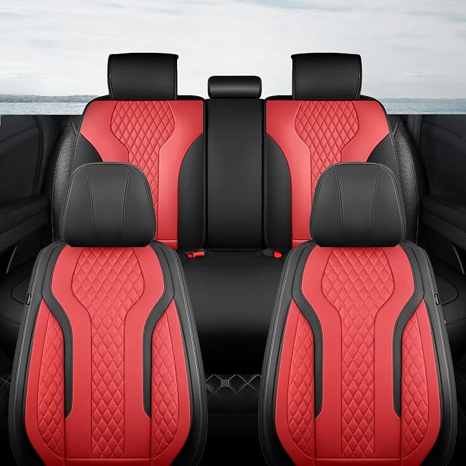 Leather Car Seat Covers Full Set, Breathable Faux Leather Seat Covers for Cars SUV Sedan Waterproof BlackRed