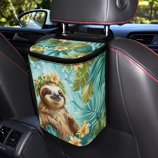 Talayituse Sloth Leaf Print Car Trash Can Portable Auto Garbage Bin Multifunctional Vehicle Interior Accessories with Adjustable Straps Universal Fit Truck SUV Sedan