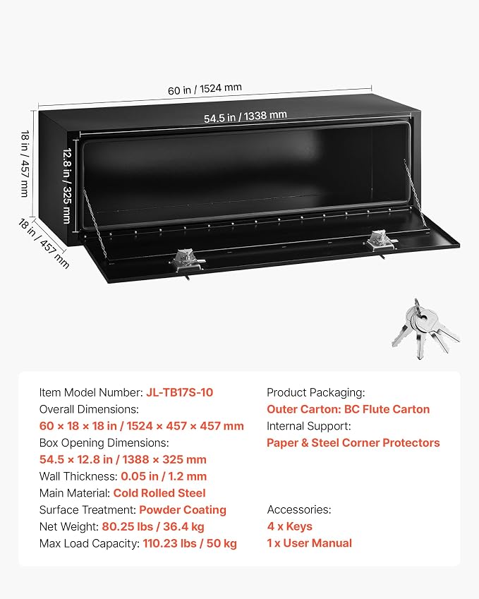 VEVOR Underbody Truck Tool Box, 60 x 18 x 18 Inch Heavy Duty Steel Trailer Storage Box with Lock & Keys, Waterproof Trailer Storage Organizer Under Body Chest with T-Handle for Truck, Van, SUV, Black