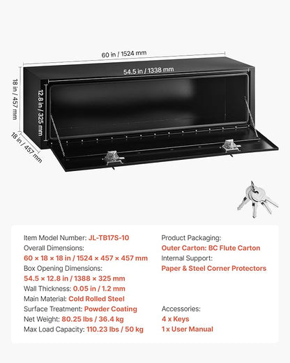 VEVOR Underbody Truck Tool Box, 60 x 18 x 18 Inch Heavy Duty Steel Trailer Storage Box with Lock & Keys, Waterproof Trailer Storage Organizer Under Body Chest with T-Handle for Truck, Van, SUV, Black