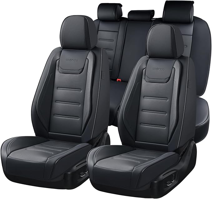 Coverado Car Seat Covers Full Set, Seat Covers for Cars, Car Seat Protector Waterproof, Leather Car Seat Cushion, Universal Interior Covers Seat Protectors for Most Cars Black