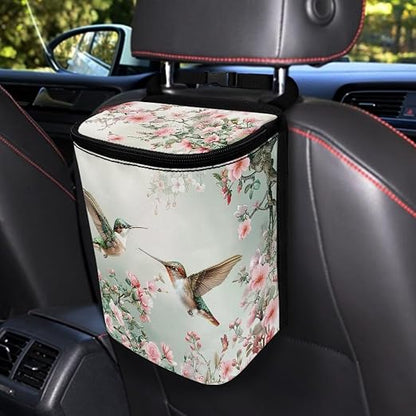 Talayituse Hummingbird Floral Print Car Trash Can with Lid, Leak Proof Auto Trash Bag Hanging Vehicle Garbage Can Multipurpose Storage Container for Back Seat Road Trip