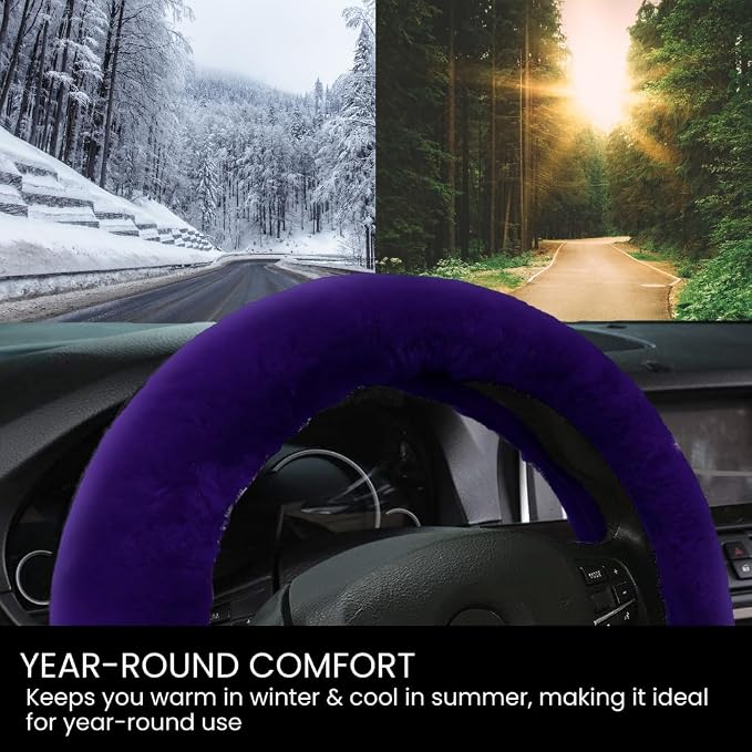 Andalus Brands Luxury Fluffy Car Steering Wheel Covers – Genuine Merino Sheepskin, Soft Fuzzy Car Steering Wheel Cover for Women, Universal 14.5-15" Size, Plush Fur Cute Auto Accessories, Dark Purple