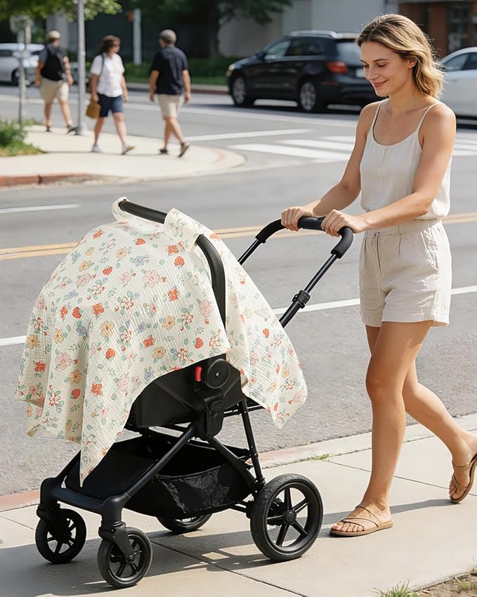 100% Muslin Cotton Car Seat Cover for Baby, Soft Breathable Car Seat Canopy, Universal Infant Carseat Cover Sun Protector, Lightweight Summer Stroller Cover for Boys Girls - Strawberry