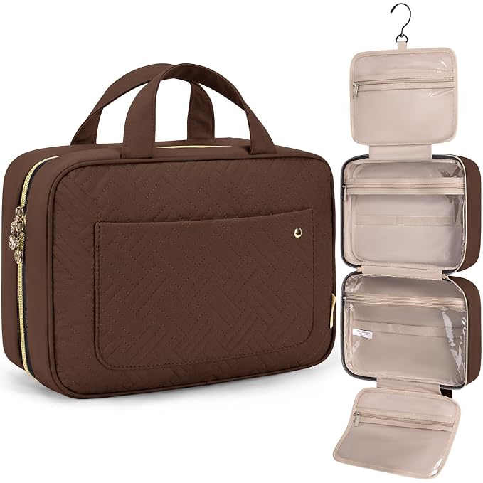 BAGSMART Toiletry Bag Travel Bag with Hanging Hook, Water-resistant Makeup Cosmetic Bag Travel Organizer for Accessories, Shampoo, Full-size Container, Toiletries (Coffee, Large)