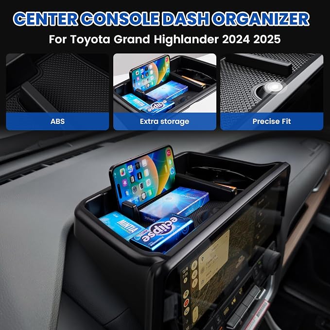 Autorder Center Console Dash Organizer for 2024 2025 Toyota Grand Highlander Accessories Dashboard Insert Tray with Cellphone Holder Storage Box with Anti-Slip Mat