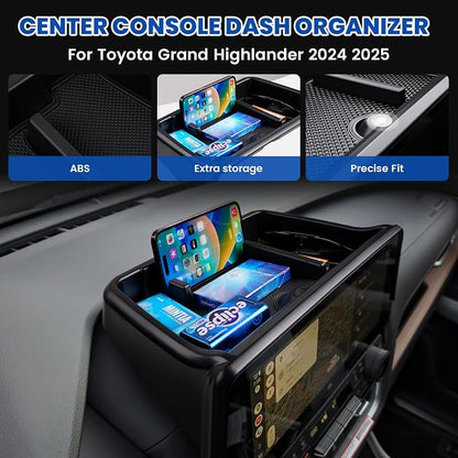 Autorder Center Console Dash Organizer for 2024 2025 Toyota Grand Highlander Accessories Dashboard Insert Tray with Cellphone Holder Storage Box with Anti-Slip Mat