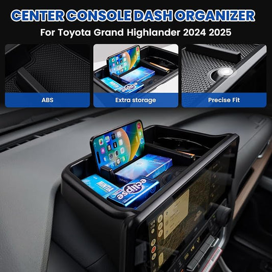 Autorder Center Console Dash Organizer for 2024 2025 Toyota Grand Highlander Accessories Dashboard Insert Tray with Cellphone Holder Storage Box with Anti-Slip Mat